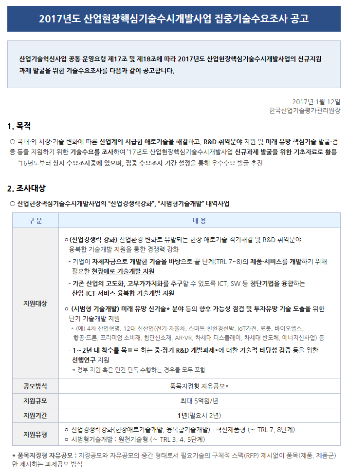 2017년도 산업현장핵심기술수시개발사업 집중기술수요조사 공고