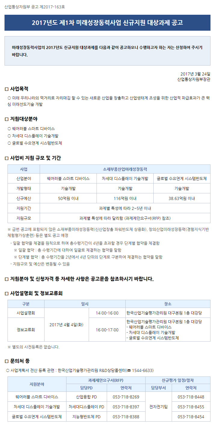 2017년도 제1차 미래성장동력사업 신규지원 대상과제 공고