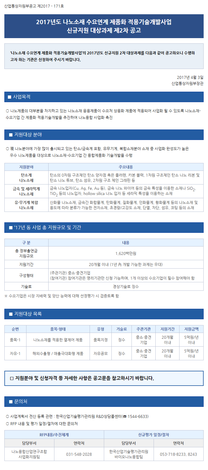 2017년도 나노소재 수요연계 제품화 적용기술개발사업 신규지원 대상과제 제2차 공고