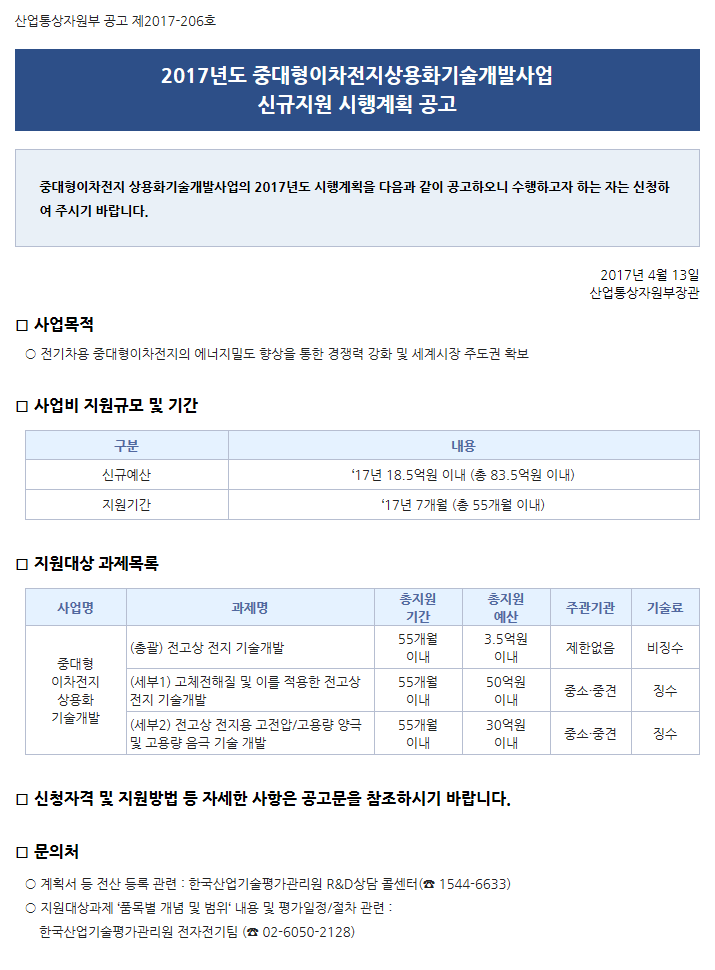 2017년도 중대형이차전지상용화기술개발사업 신규지원 시행계획 공고