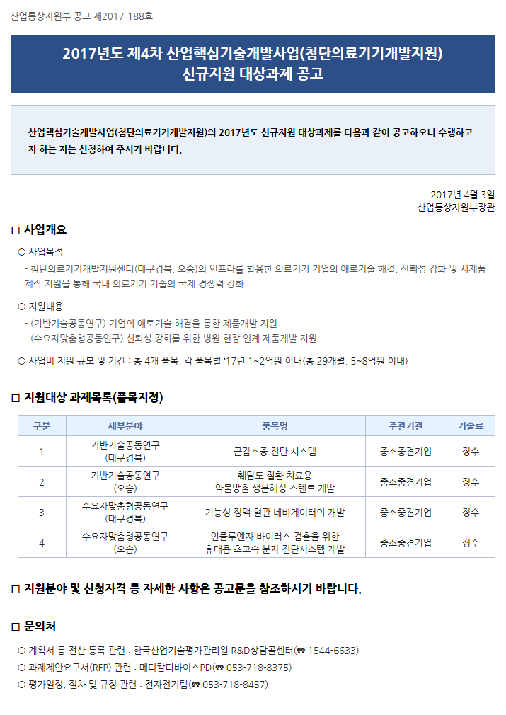 2017년도 제4차 산업핵심기술개발사업(첨단의료기기개발지원) 신규지원 대상과제 공고