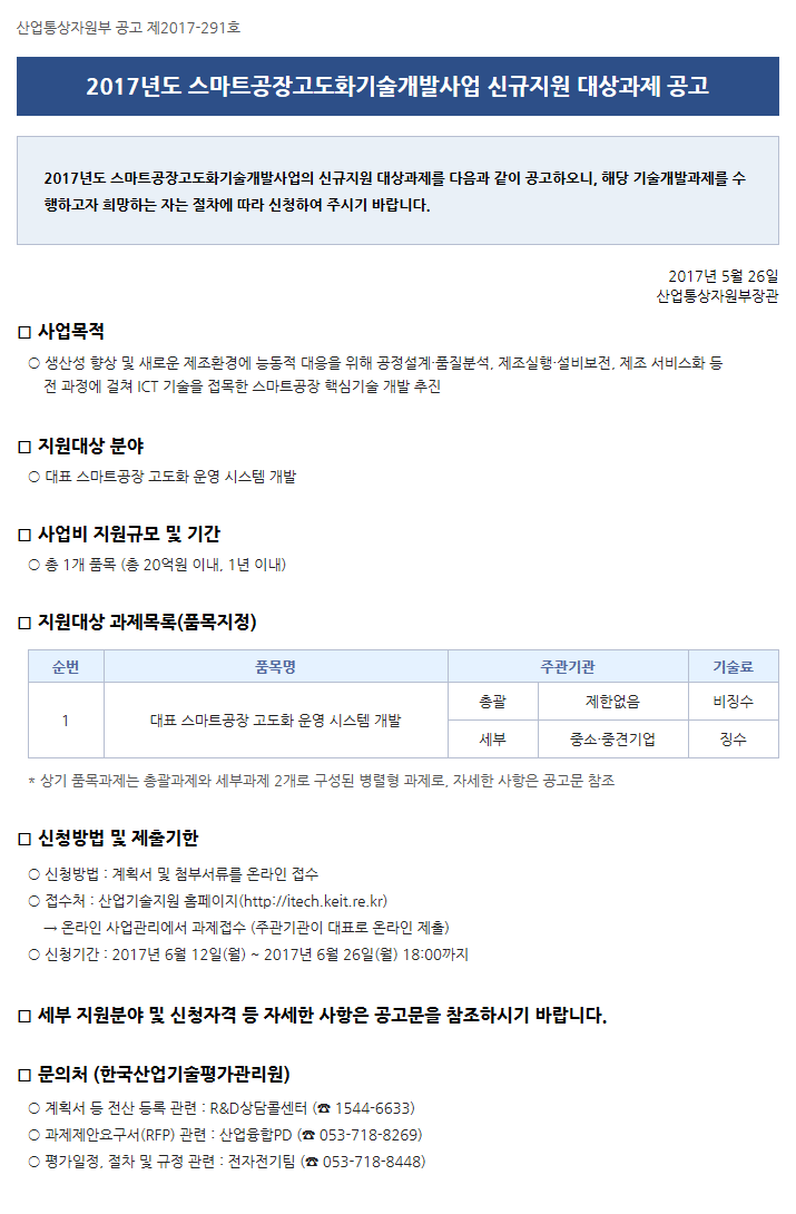 2017년도 스마트공장고도화기술개발사업 신규지원 대상과제 공고