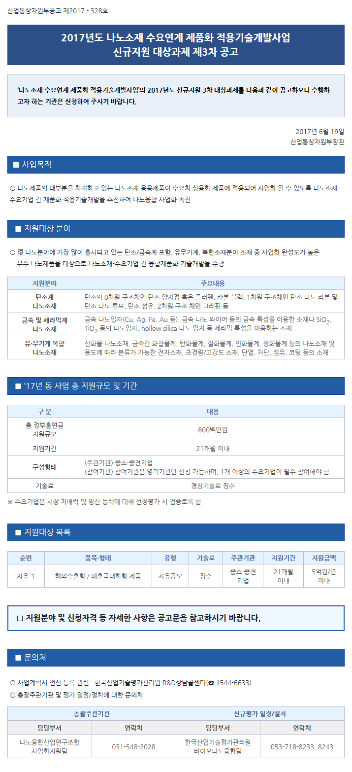 2017년도 나노소재 수요연계 제품화 적용기술개발사업 신규지원 대상과제 제3차 공고