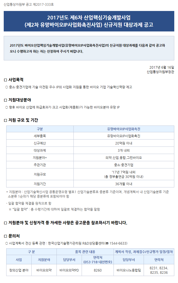 2017년도 제6차 산업핵심기술개발사업(제2차 유망바이오IP사업화촉진사업) 신규지원 대상과제 공고