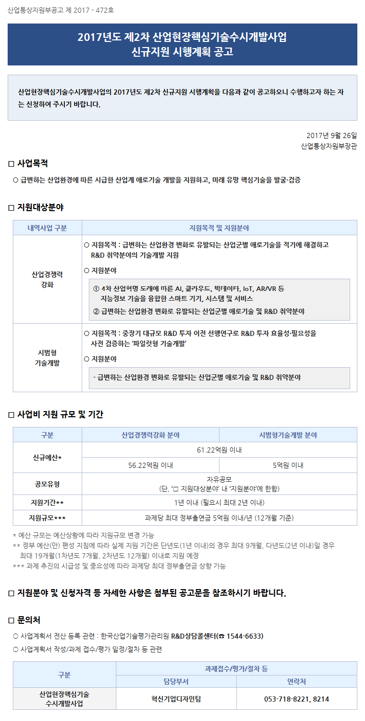 2017년도 제2차 산업현장핵심기술수시개발사업 신규지원 시행계획 공고