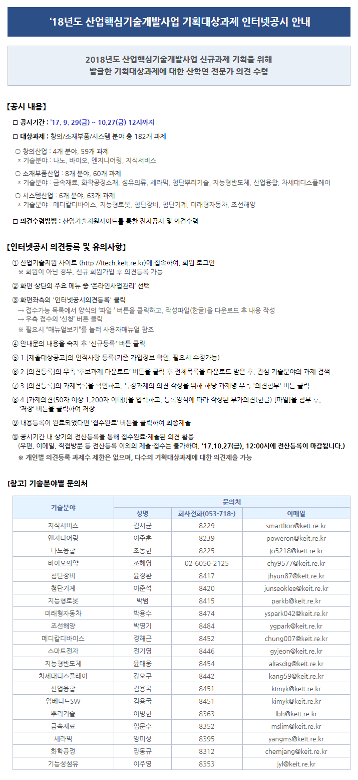 2018년도 산업핵심기술개발사업 기획대상과제 인터넷공시 안내