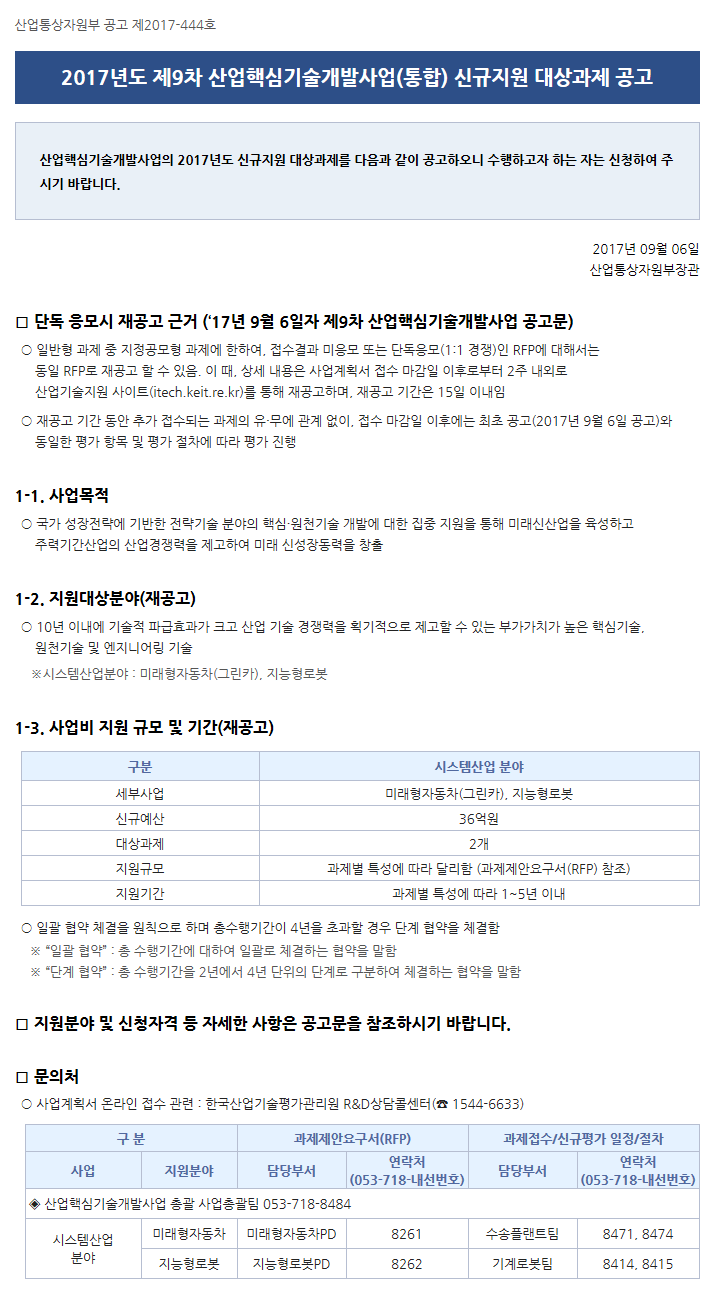 2017년도 제9차 산업핵심기술개발사업(통합) 신규지원 대상과제 재공고