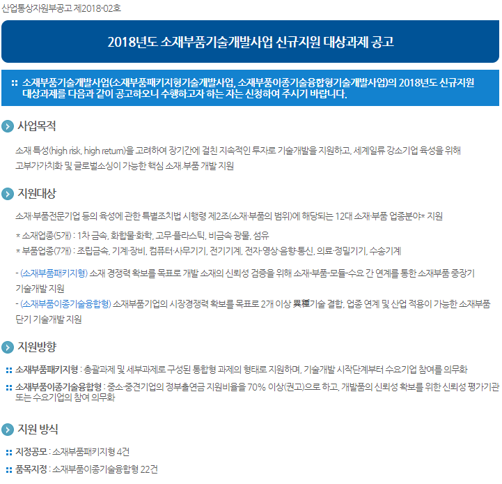 2018년도 소재부품기술개발사업 신규지원 대상과제 공고