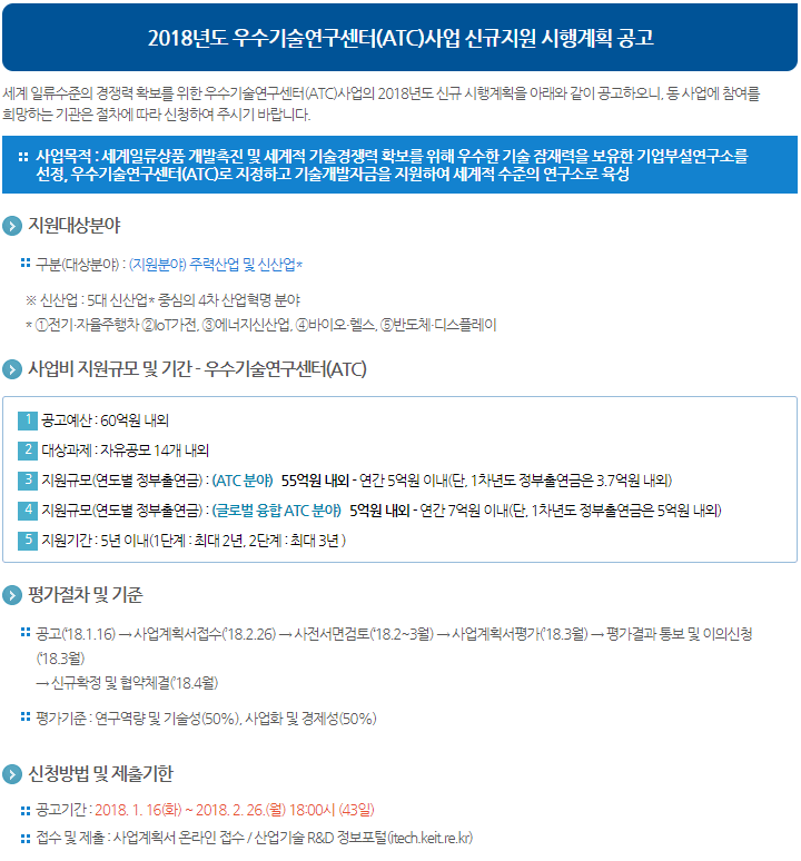 2018년도 우수기술연구센터(ATC)사업 신규지원 시행계획 공고