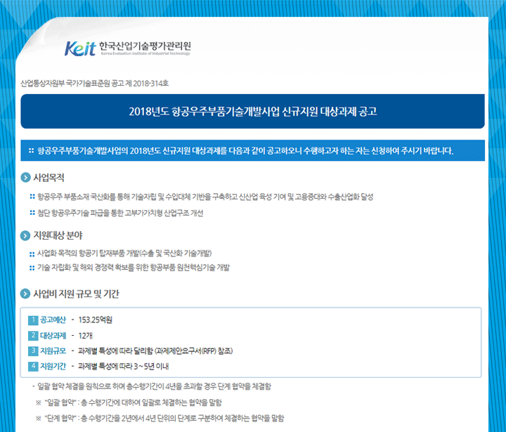 2018년도 항공우주부품기술개발사업 신규지원 대상과제 공고