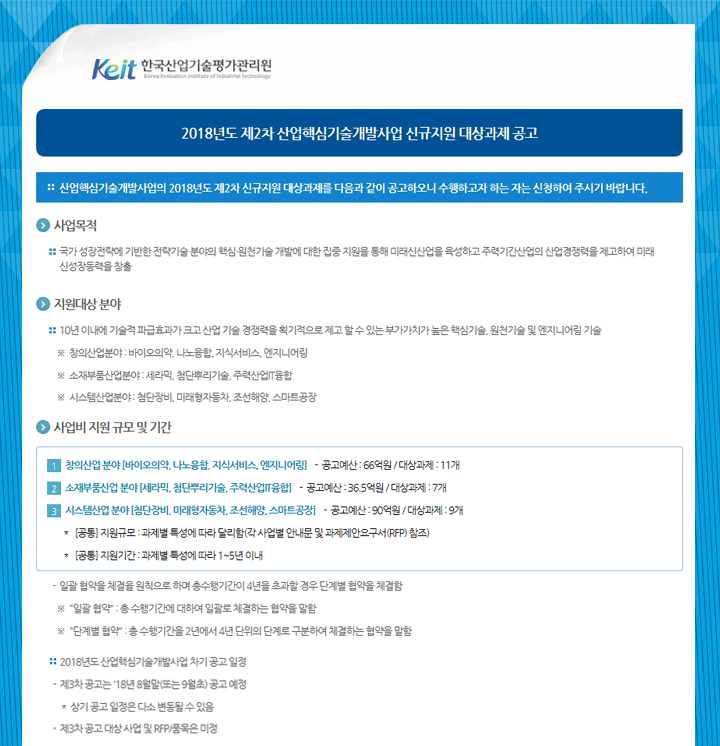 2018년도 제2차 산업핵심기술개발사업 신규지원 대상과제 공고