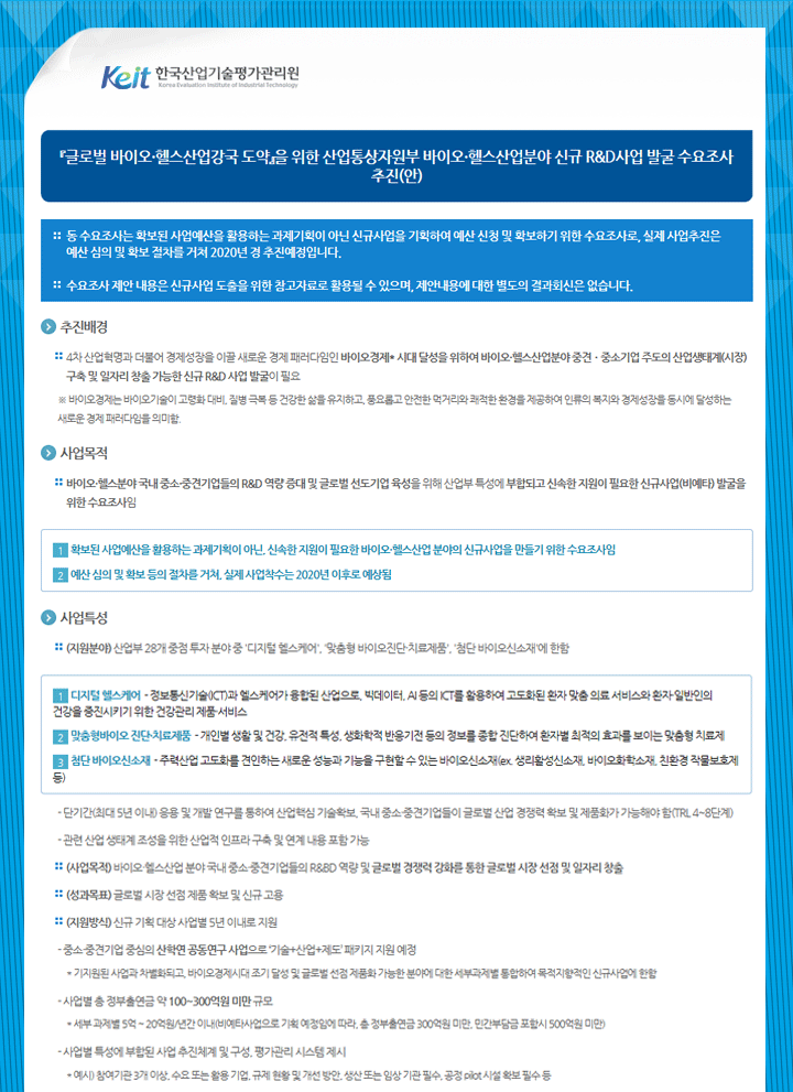 『글로벌 바이오·헬스산업강국 도약』을 위한산업통상자원부 바이오·헬스산업분야 신규 R&D사업 발굴 수요조사 추진(안)