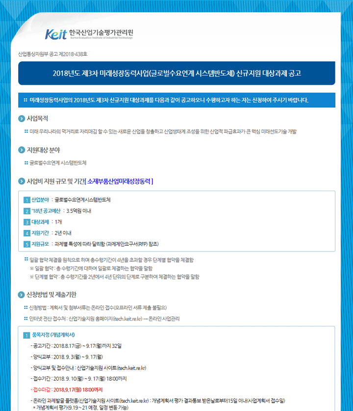 2018년도 제3차 미래성장동력사업(글로벌수요연계 시스템반도체) 신규지원 대상과제 공고