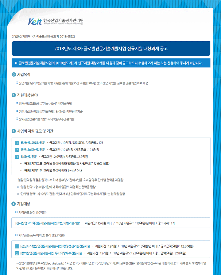 2018년도 제3차 글로벌전문기술개발사업 신규지원 대상과제 공고