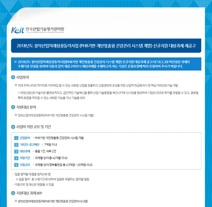 2018년도 창의산업미래성장동력사업(PHR) 신규지원 대상과제 재공고