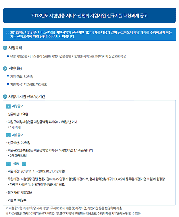 2018년도 시험인증 서비스산업화 지원사업 신규지원 대상과제 공고