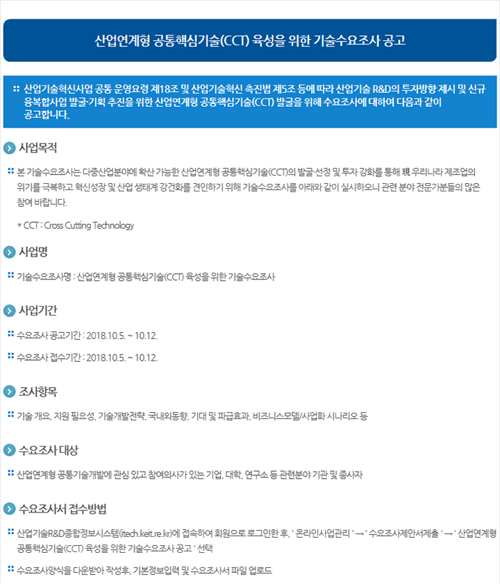 산업연계형 공통핵심기술(CCT) 육성을 위한 기술수요조사 공고