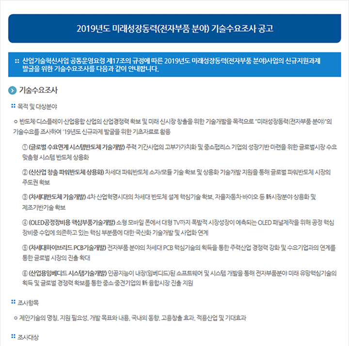 2019년도 미래성장동력(전자부품 분야) 기술수요조사 공고