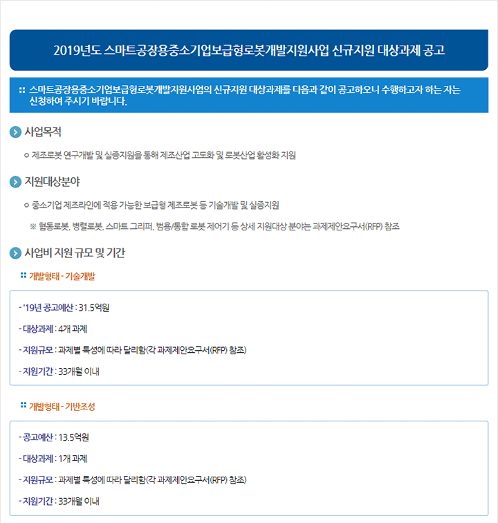 2019년도 스마트공장용중소기업보급형로봇개발지원사업 신규지원 대상과제 공고