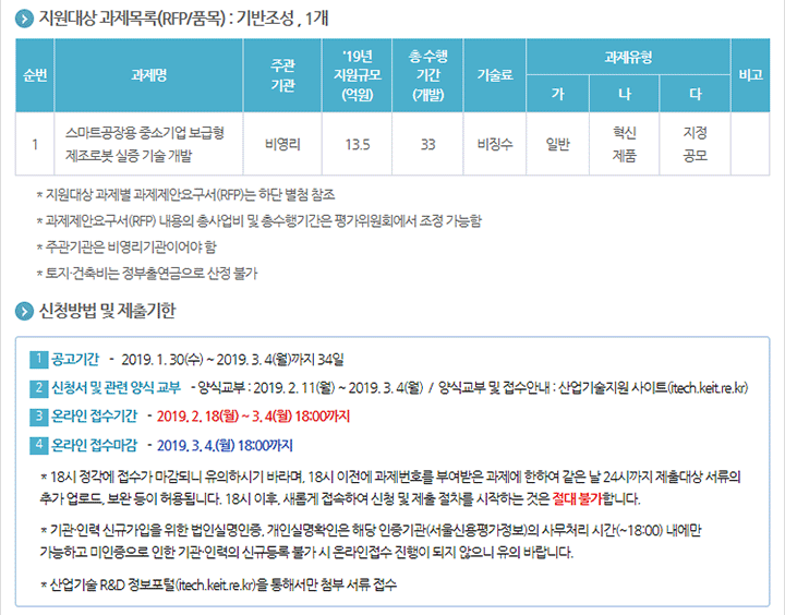 2019년도 스마트공장용중소기업보급형로봇개발지원사업 신규지원 대상과제 공고