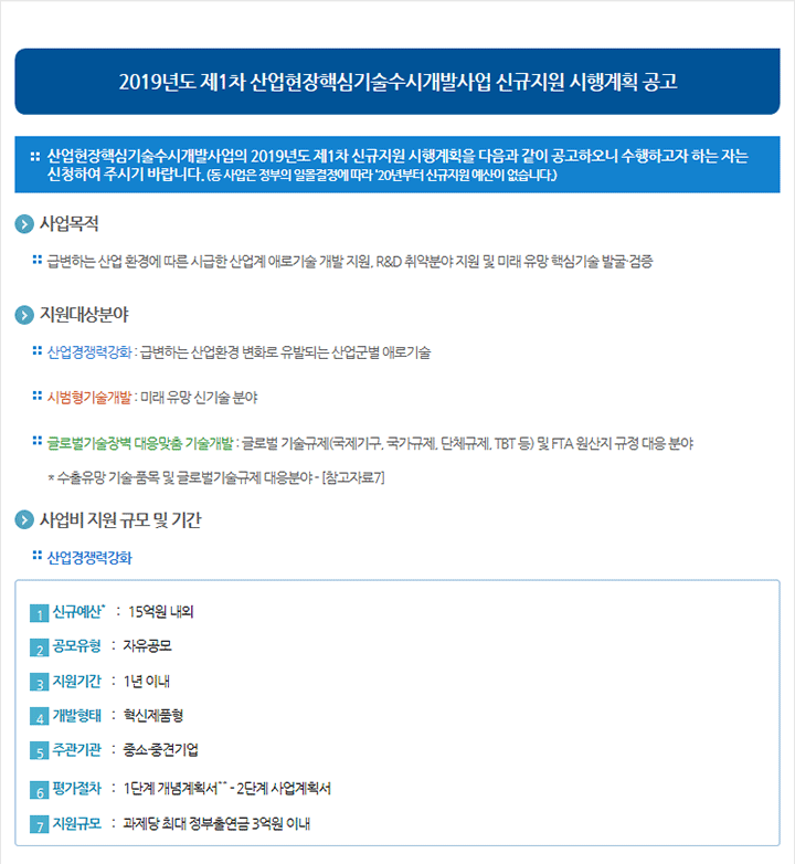 2019년도 제1차 산업현장핵심기술수시개발사업 신규지원 시행계획 공고