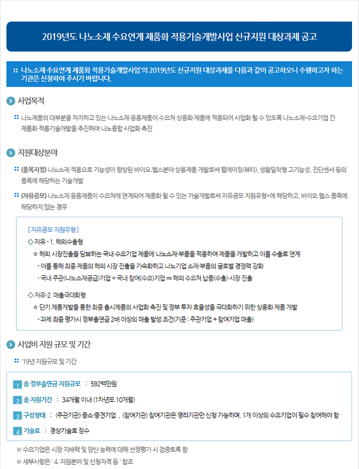 2019년도 나노소재 수요연계 제품화 적용기술개발사업 신규지원 대상과제 공고