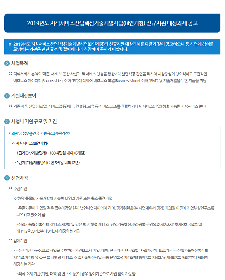 2019년도 지식서비스산업핵심기술개발사업(BI연계형) 신규지원 대상과제 공고