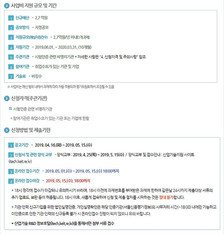 2019년도 시험인증산업 현황파악 및 기초인력 양성사업 신규지원 대상과제 공고