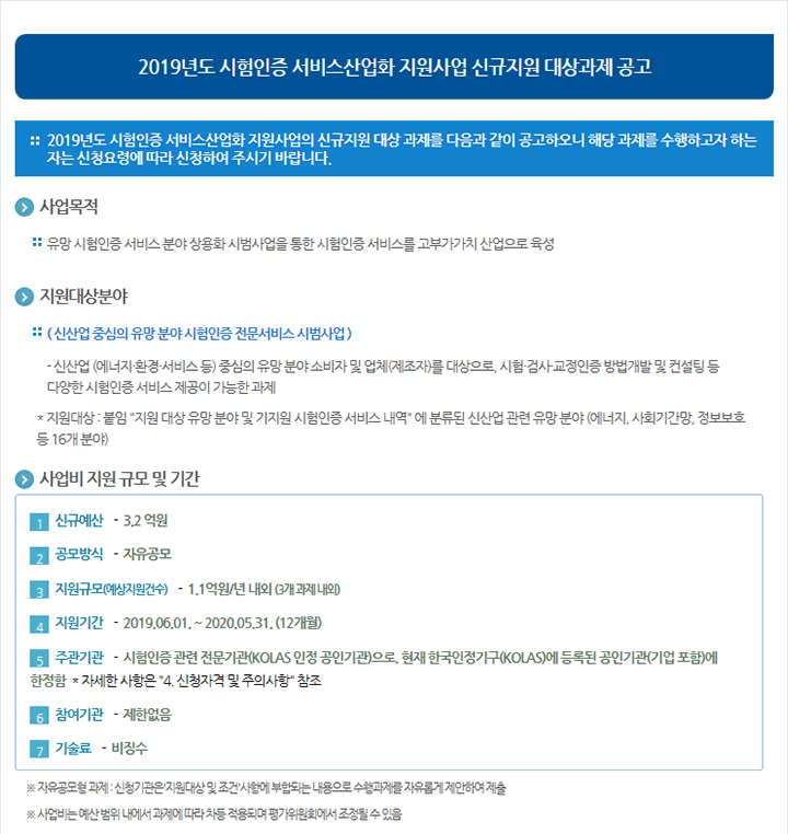 2019년도 시험인증 서비스산업화 지원사업 신규지원 대상과제 공고