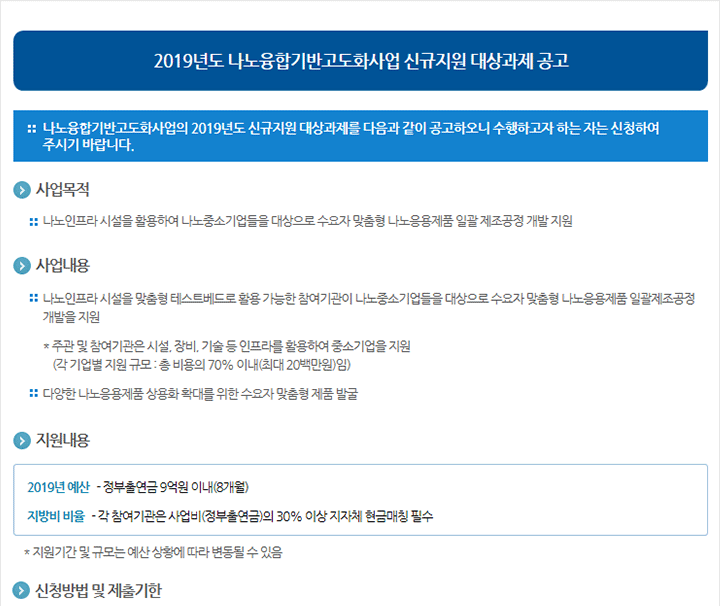 2019년도 나노융합기반고도화사업 신규지원 대상과제 공고