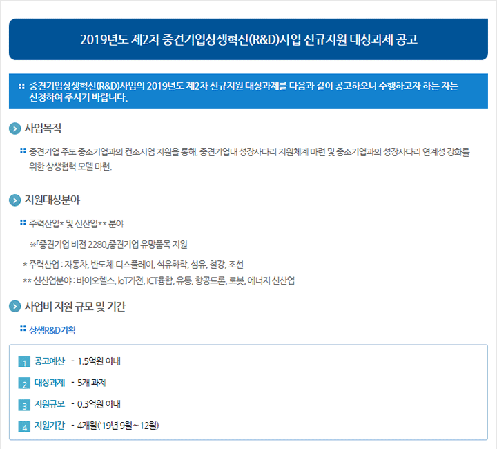 2019년도 제2차 중견기업상생혁신(R&D)사업 신규지원 대상과제 공고