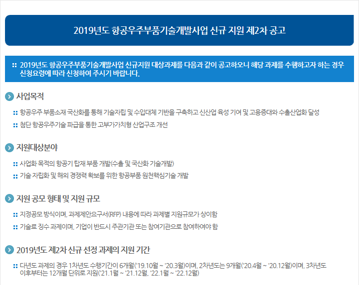 2019년도 항공우주부품기술개발사업 신규 지원 제2차 공고