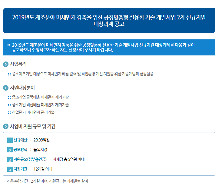 2019년도 제조분야 미세먼지 감축을 위한 공정맞춤형 실용화 기술 개발사업 2차 신규지원 대상과제 공고