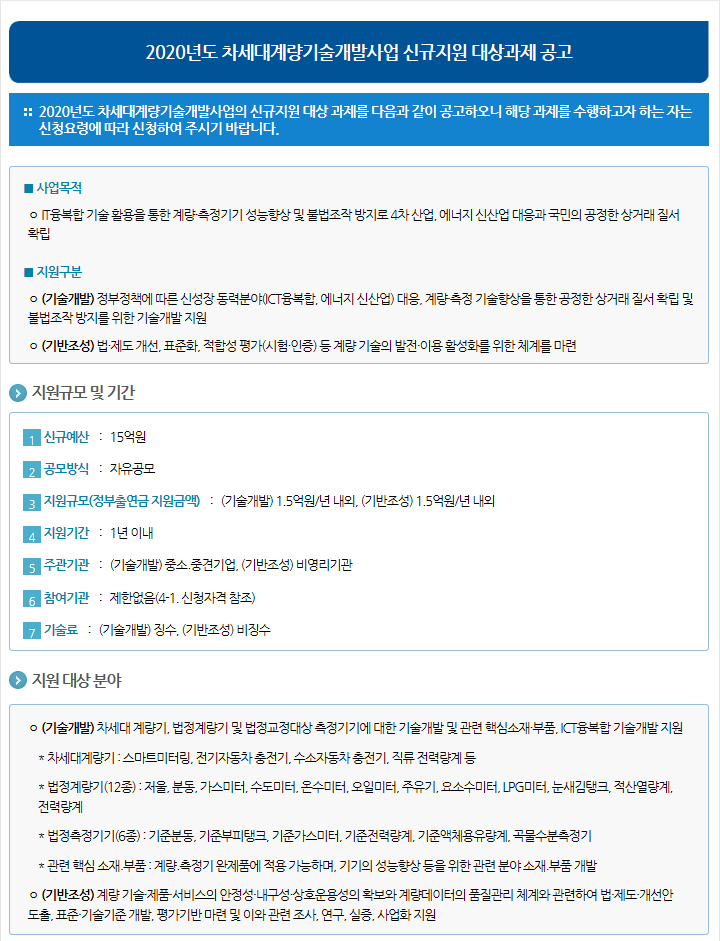 2020년도 차세대계량기술개발사업 신규지원 대상과제 공고