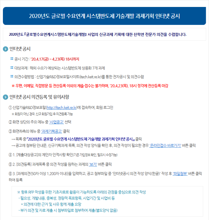 2020년도 글로벌 수요연계 시스템반도체 기술개발 과제기획 인터넷 공시
