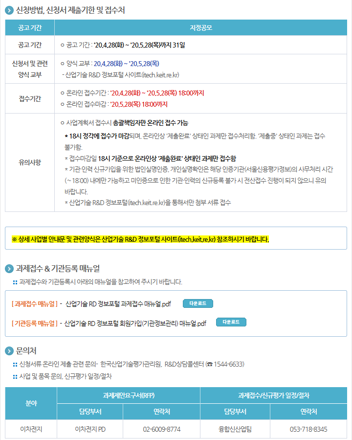 2020년도 리튬기반 차세대 이차전지 성능고도화 및 제조기술개발사업 신규지원 대상과제 공고
